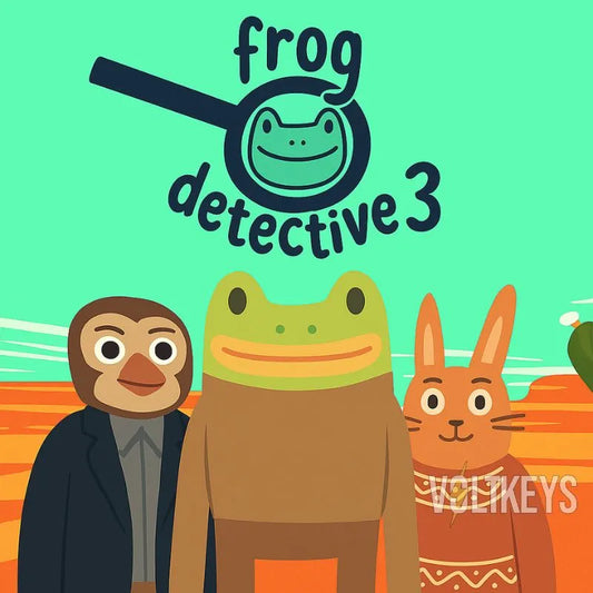 Illustration of a frog detective with a penguin and a rabbit on a green background, featuring the title 'frog detective 3'.