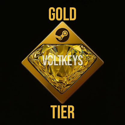 Gold diamond-shaped badge with 'Gold Tier' text and Steam logo on a black background