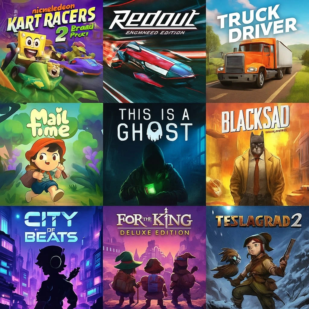 Grid of game covers including 'Kart Racers 2', 'Redout', 'Truck Driver', 'Mail Time', 'This is a Ghost', 'Blacksad', 'City of Beats', 'For the King', and 'Teslagrad 2'.