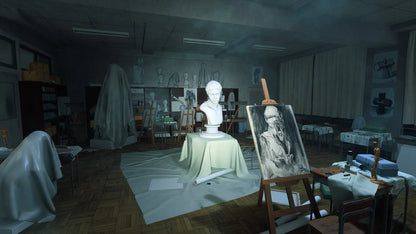 Artistic studio with sculptures, easel, and draped figures in a dimly lit room.