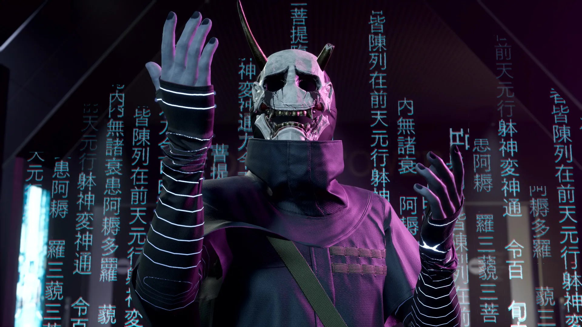 Person wearing a mask and gloves with glowing wristbands against a digital background with text.