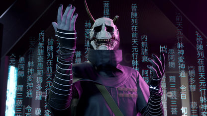 Person wearing a mask and gloves with glowing wristbands against a digital background with text.