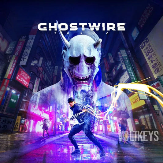 Promotional image for 'Ghostwire' with a character in a futuristic cityscape.