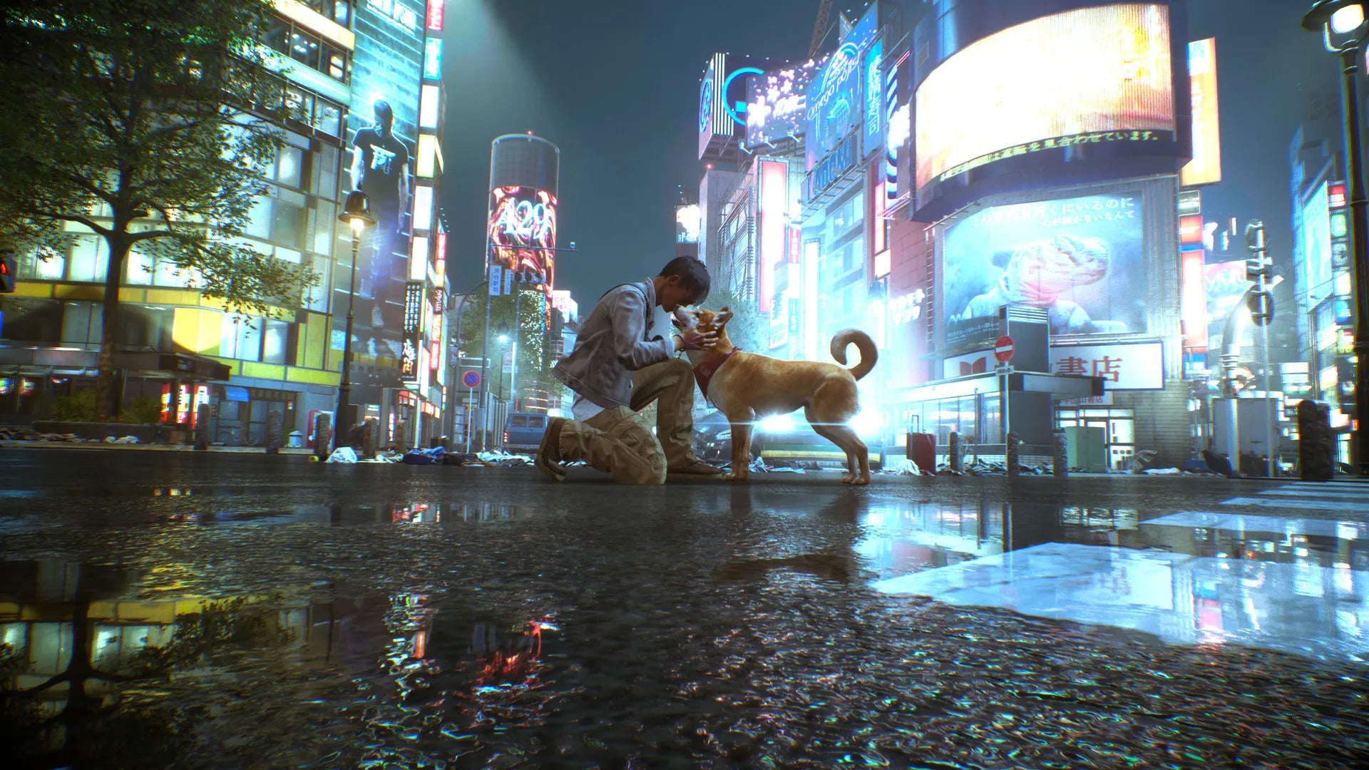 Person with a dog in a futuristic city at night