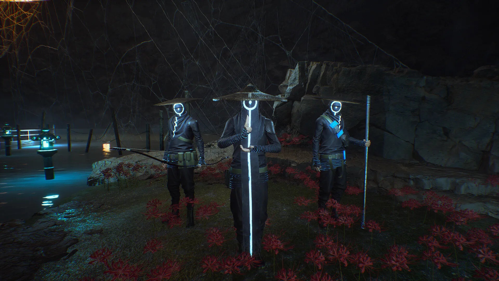 Three animated characters with glowing eyes in a dark, eerie landscape with flowers.