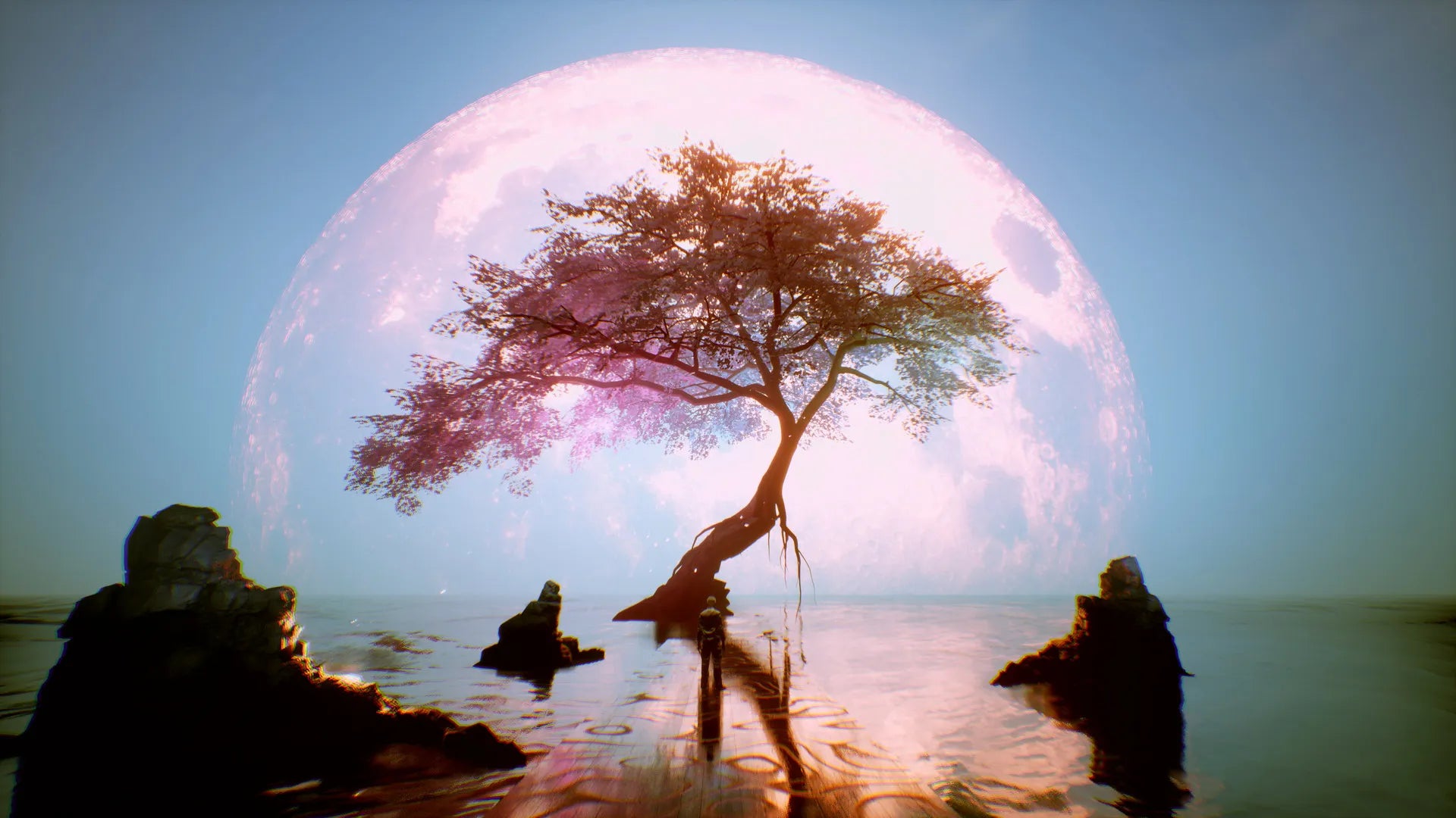 Tree on a rock with a large pink moon in the sky