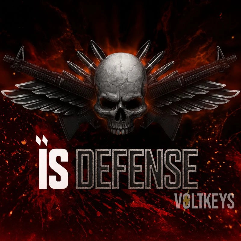 Skull with wings and guns on a dark background with 'is Defense Volteks' text.