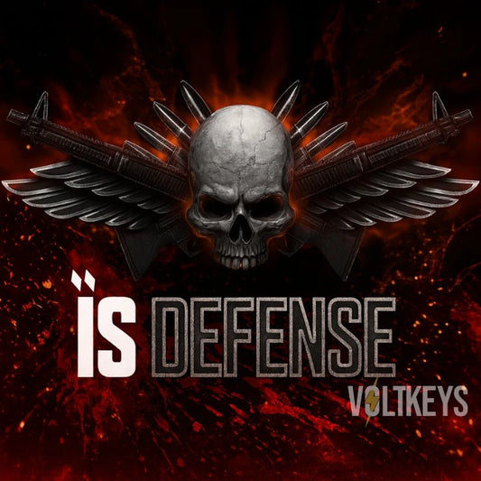 Skull with wings and guns on a dark background with 'is Defense Volteks' text.