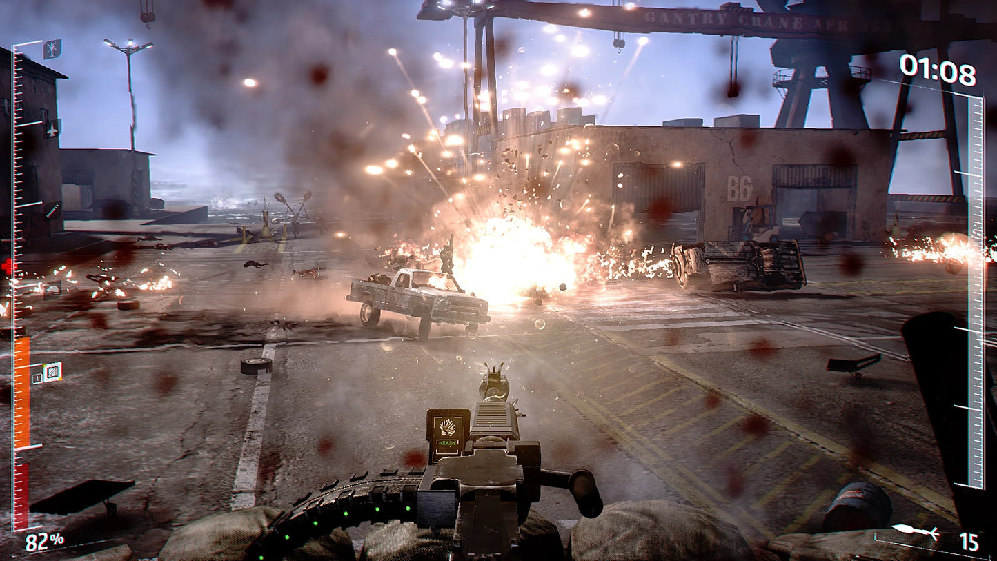 Video game scene with a tank in an industrial area, explosions, and a scoreboard.