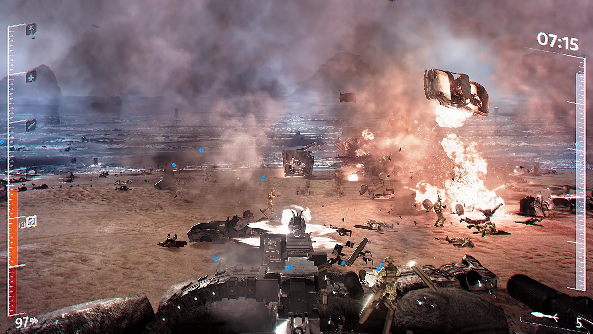 Action-packed scene from a video game with explosions and military vehicles in a desert landscape.