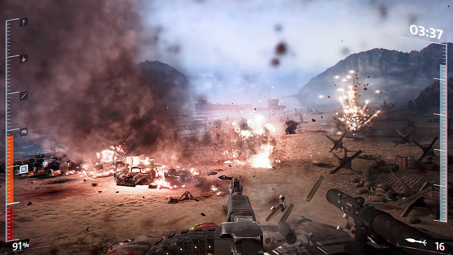 Warfare scene with explosions and military vehicles in a desert landscape.