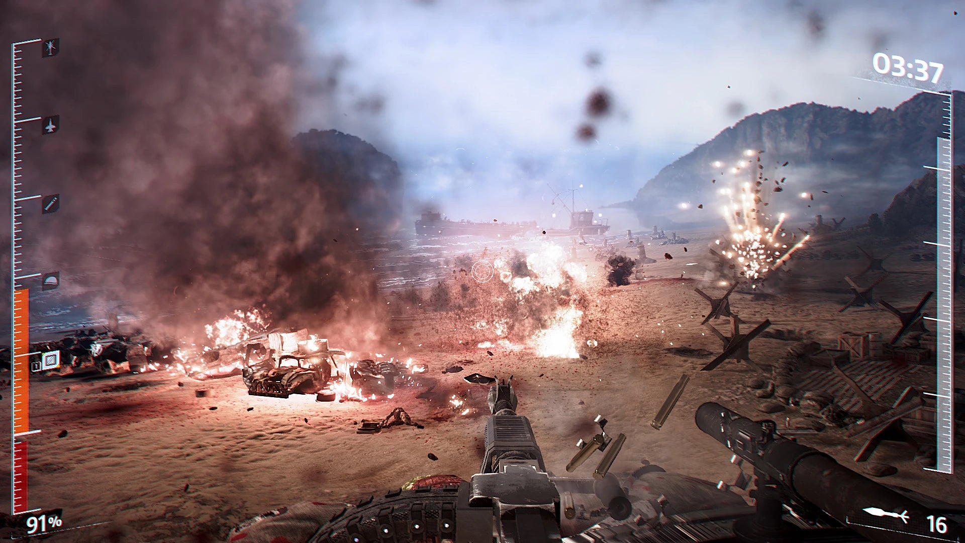 Warfare scene with explosions and military vehicles in a desert landscape.