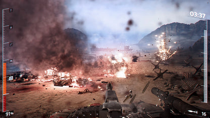 Warfare scene with explosions and military vehicles in a desert landscape.