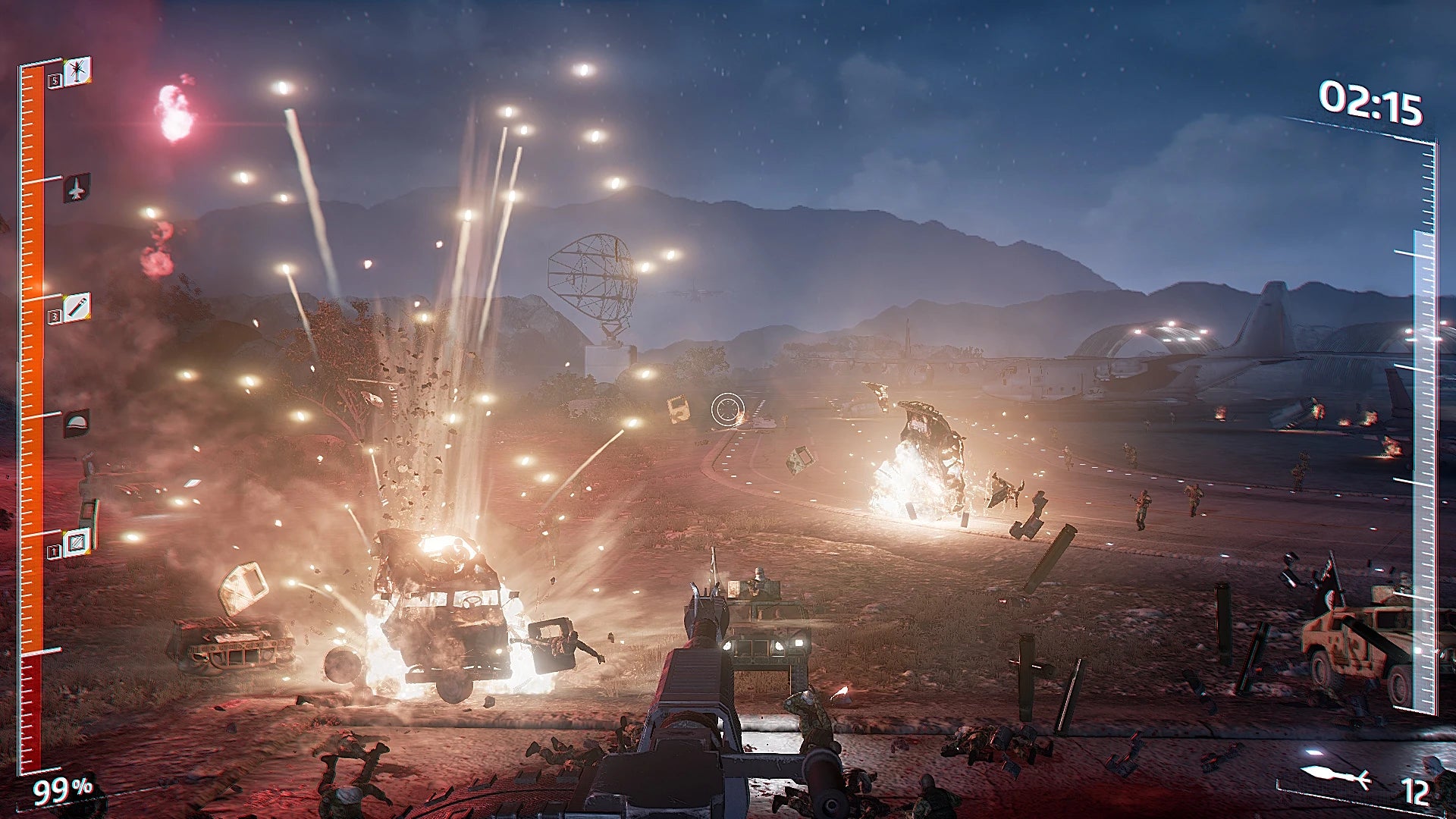 Action-packed scene from a video game with explosions and vehicles on a mountainous battlefield.