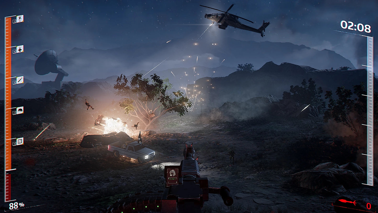 Action-packed scene from a video game with a helicopter, explosions, and a player character in a desert landscape at night.
