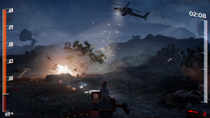 Action-packed scene from a video game with a helicopter, explosions, and a player character in a desert landscape at night.