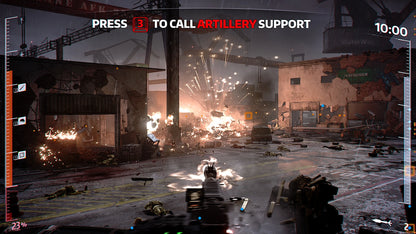 Video game scene with a destroyed industrial area and text for artillery support.
