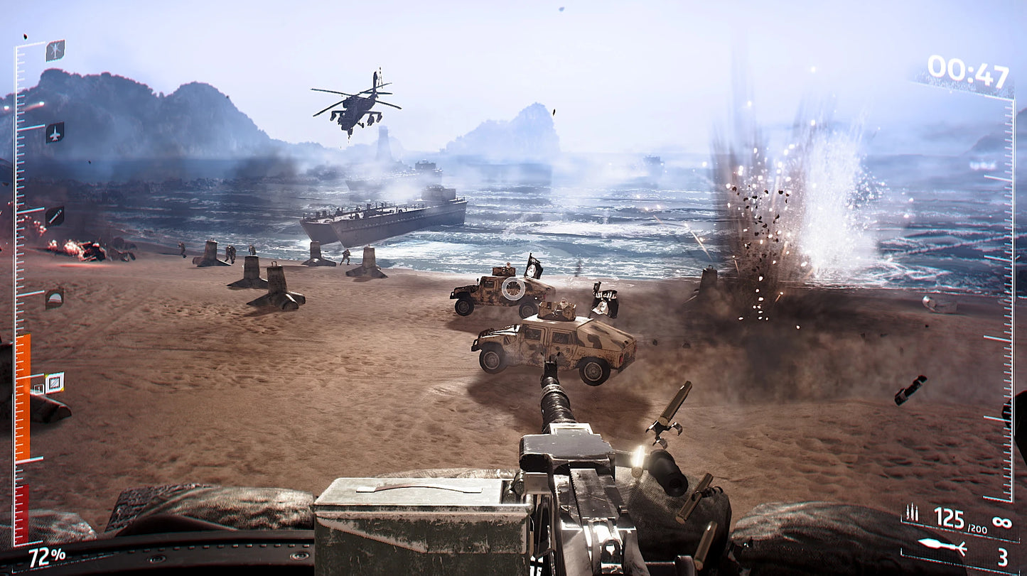 Video game scene with tanks and helicopters in a desert landscape