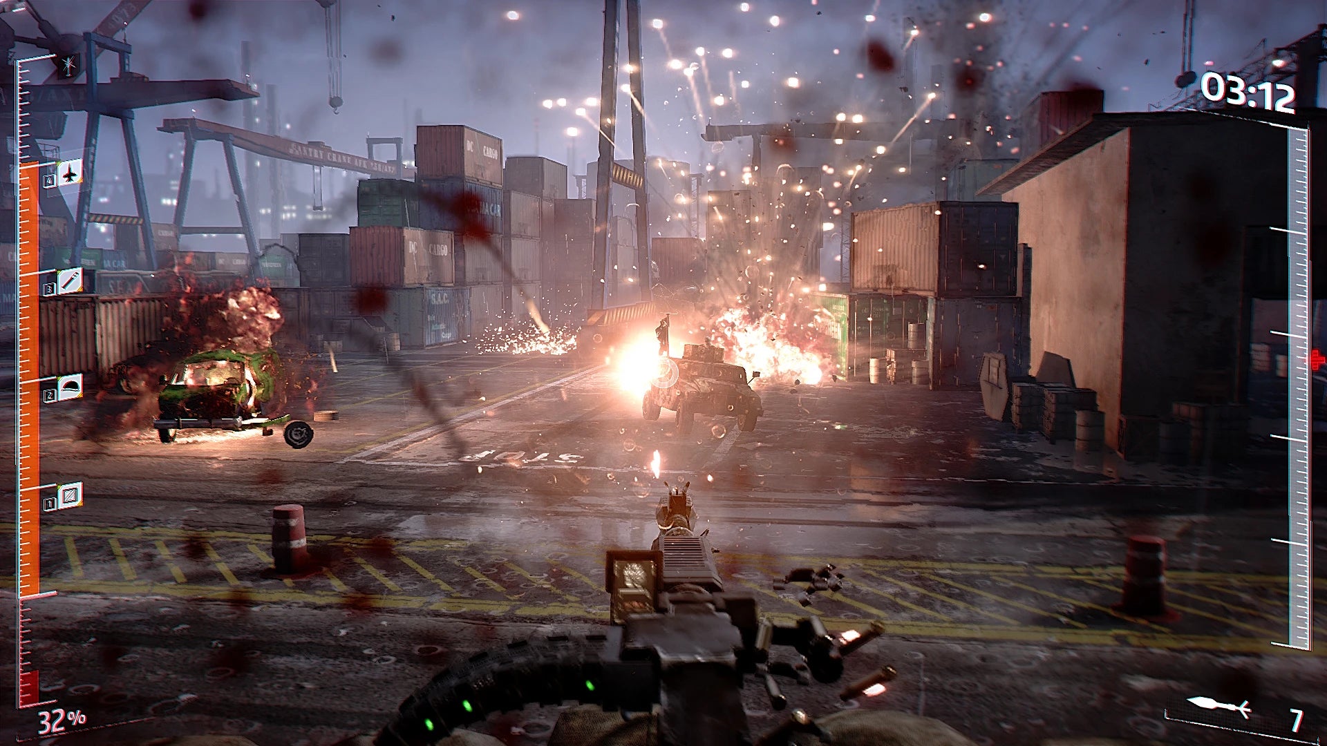 Action-packed scene from a video game with explosions and vehicles in an urban setting.