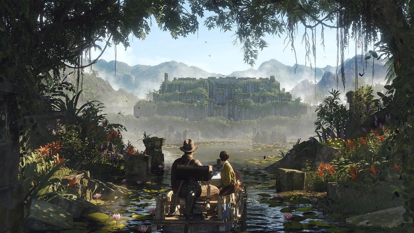 Two people in a boat on a river with a distant cityscape surrounded by lush greenery.