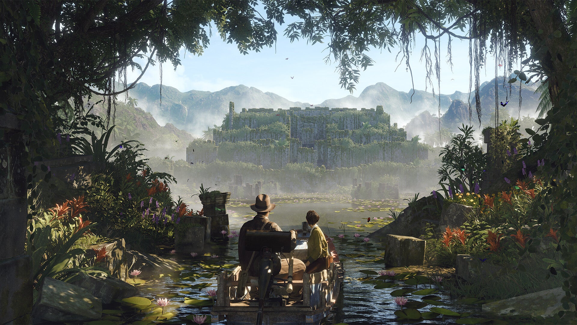 Two people in a boat on a river with a distant cityscape surrounded by lush greenery.