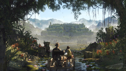 Two people in a boat on a river with a distant cityscape surrounded by lush greenery.