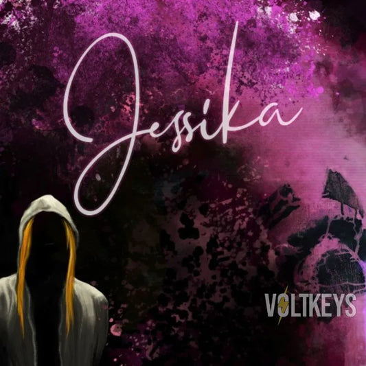 Person wearing a hoodie with a stylized 'Jessika' text and 'VOLTKEYS' logo on a purple and black abstract background.