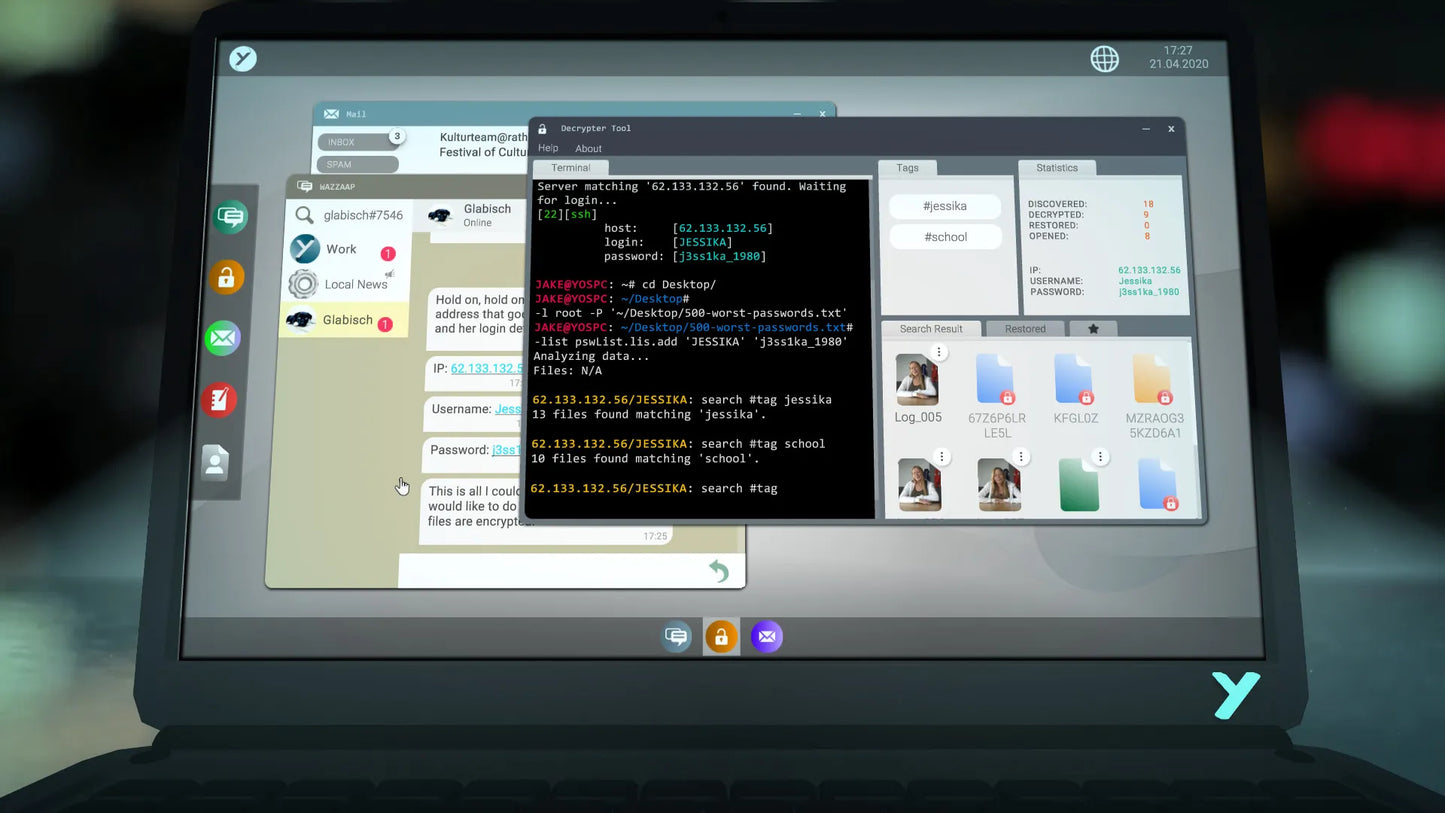 Laptop screen displaying a software interface with various windows open on a blurred background