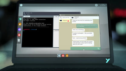 Laptop screen displaying a text-based interface with multiple open windows.