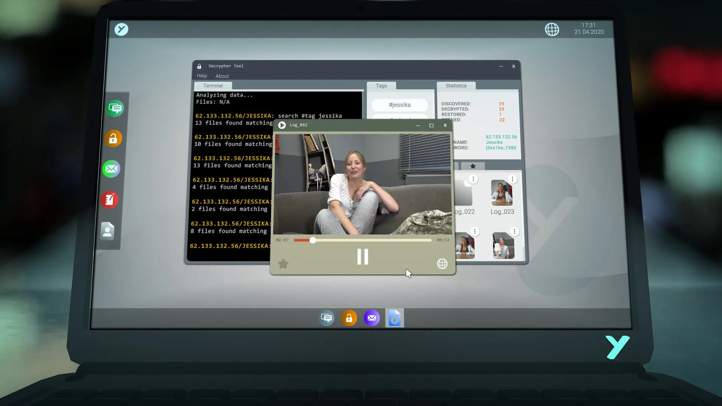 Laptop screen displaying a video call with a person sitting on a couch.