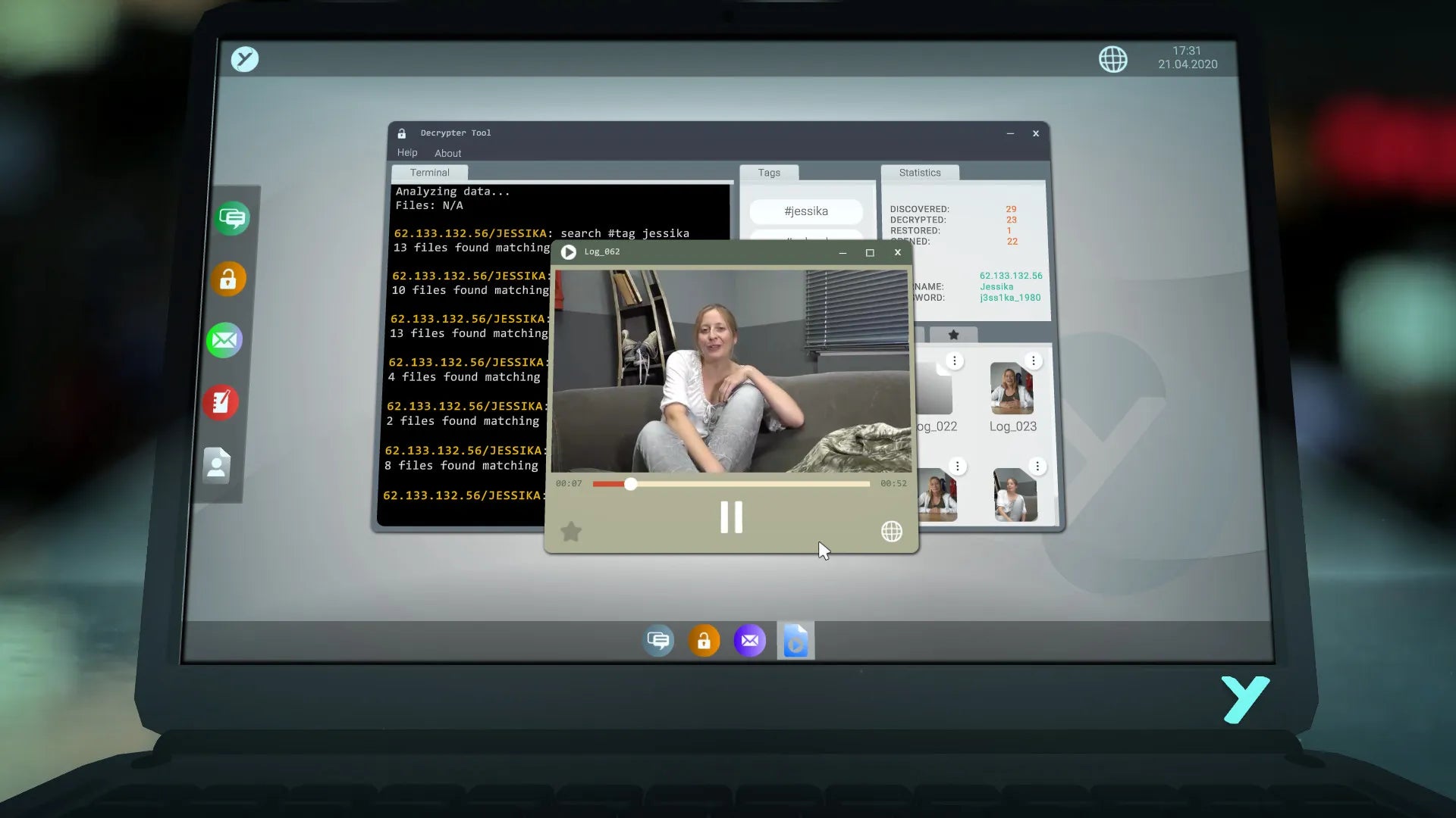 Laptop screen displaying a video call with a person sitting on a couch.