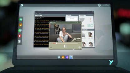 Laptop screen displaying a video call with a person sitting on a couch.