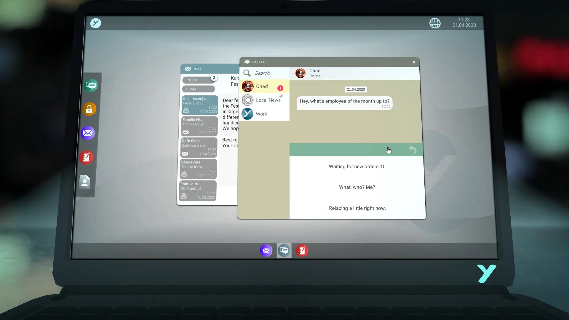 Laptop screen displaying a messaging application with multiple open tabs.