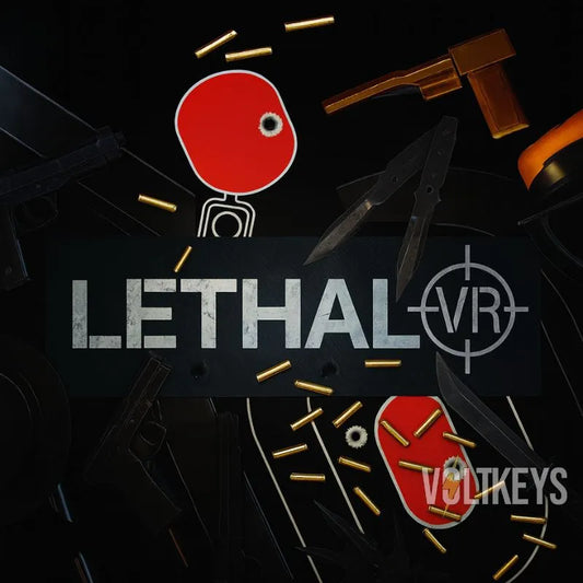 Promotional graphic for 'Lethal VR' with a red and white logo and weapons on a dark background.