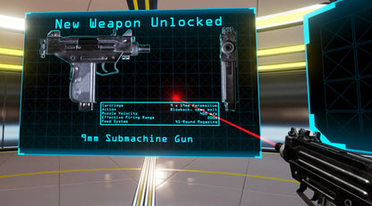 Game interface showing a new weapon unlocked for an '9mm Submachine Gun' with a futuristic design.