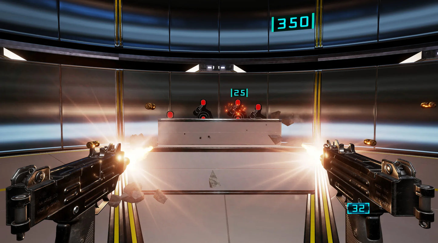 Video game scene with a futuristic control room and two guns in the foreground.