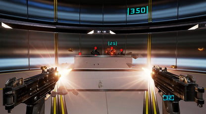 Video game scene with a futuristic control room and two guns in the foreground.