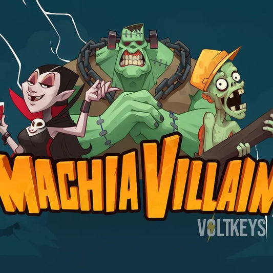 Three animated villains with the title 'Machia Villain' and 'Voltkeys' logo.