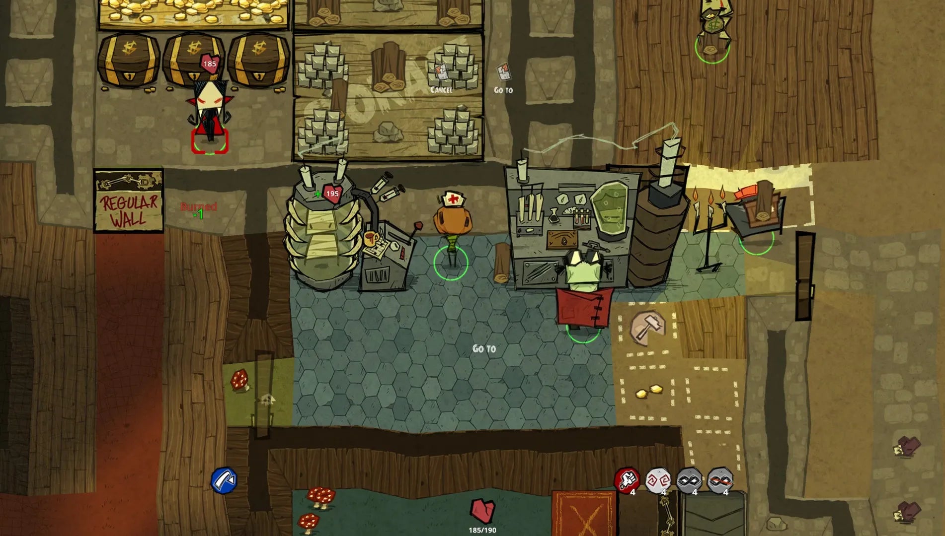 Top-down view of a bar interior with characters and objects