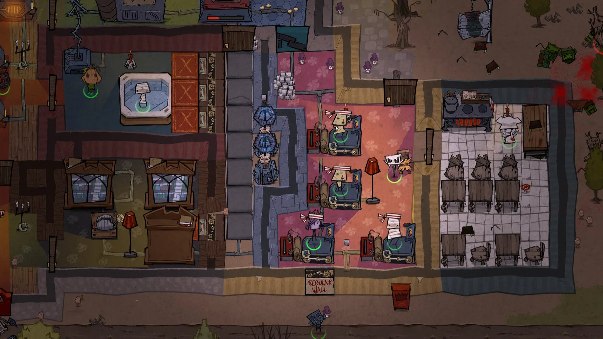 Top-down view of a colorful room with various furniture and objects