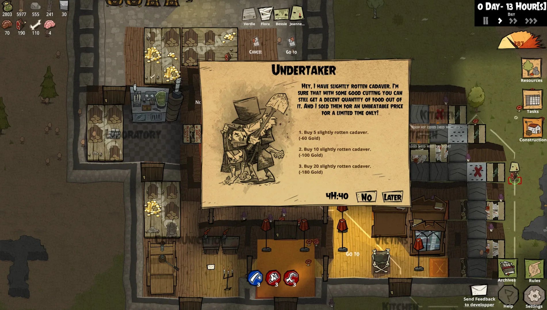 Game interface showing a map and character stats with an 'Undertaker' description.