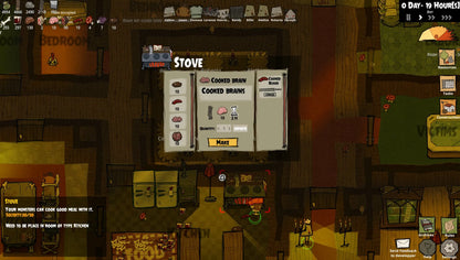 Game interface showing a stove with food items in a dark, cluttered room.