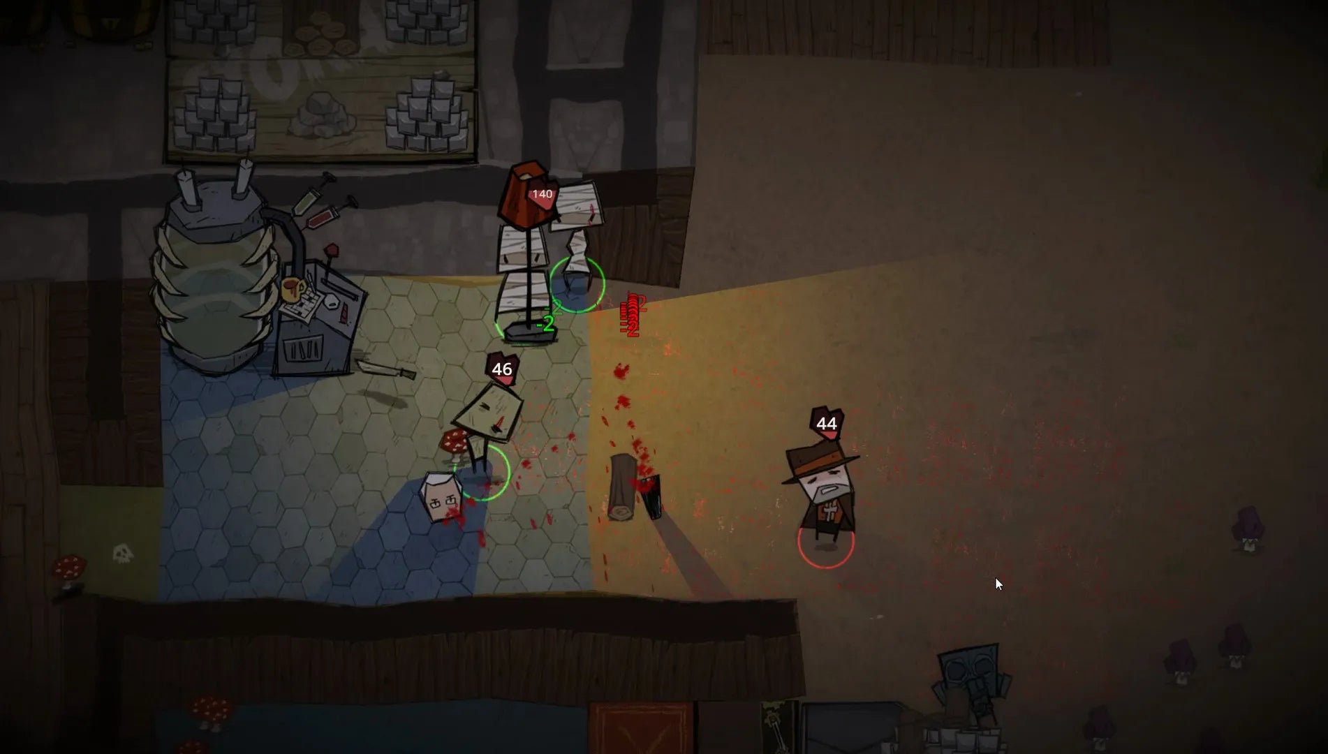 Top-down view of a room with two robots and scattered items in a dark setting