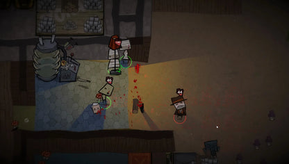 Top-down view of a room with two robots and scattered items in a dark setting
