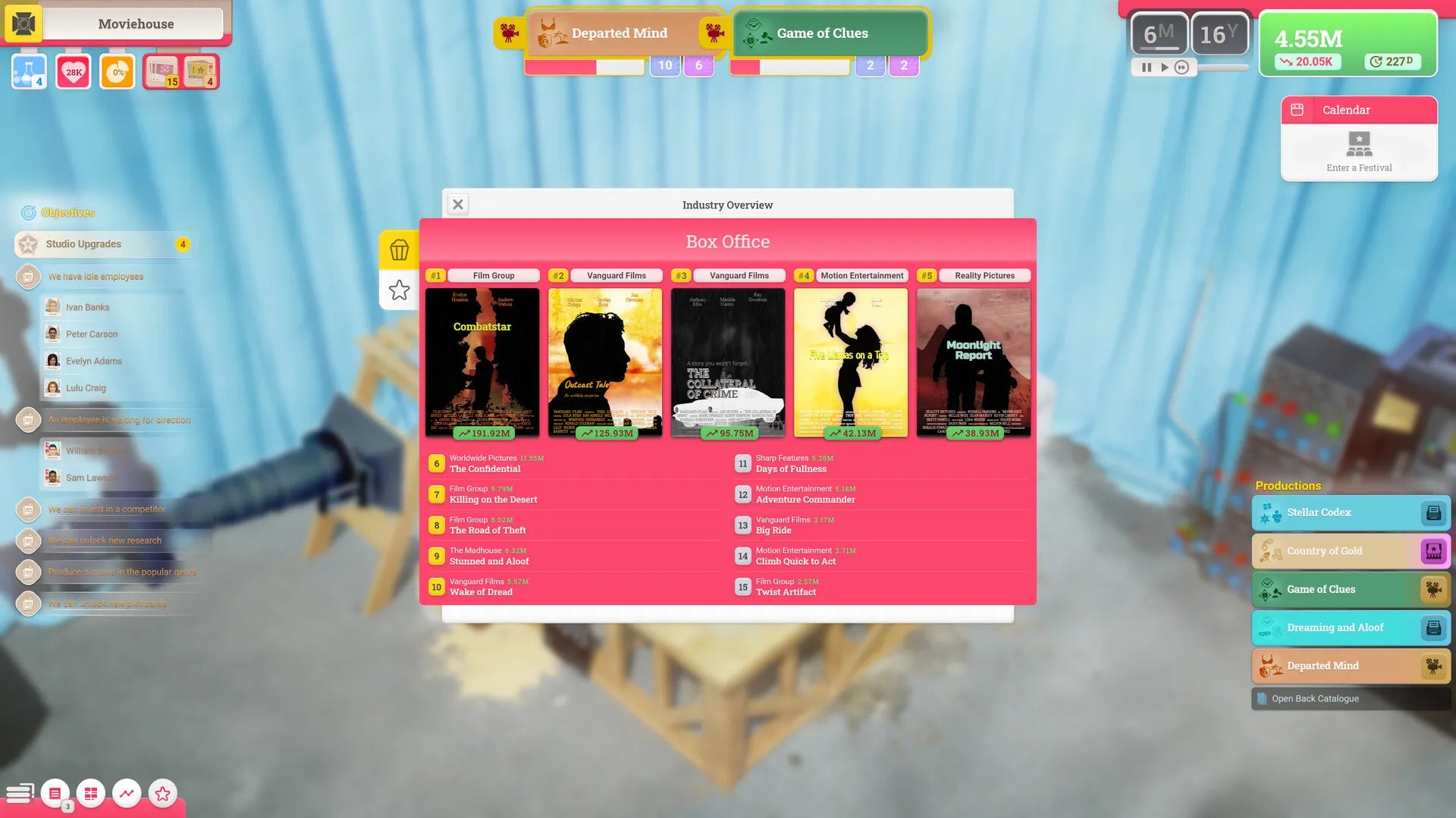 Screenshot of a video game interface with a pink menu overlay on a blurred background