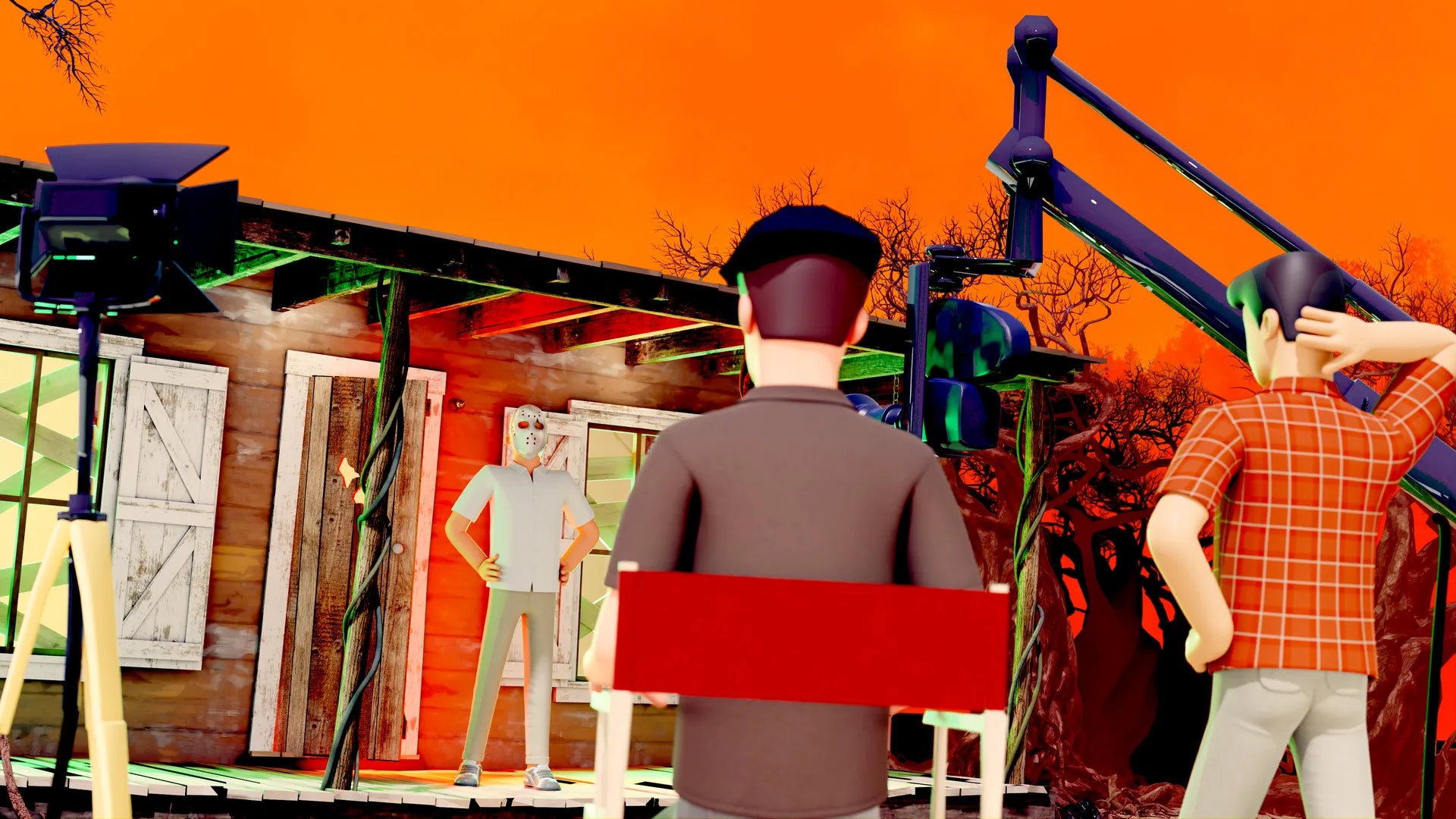 Animated scene with characters in a studio setting against an orange background