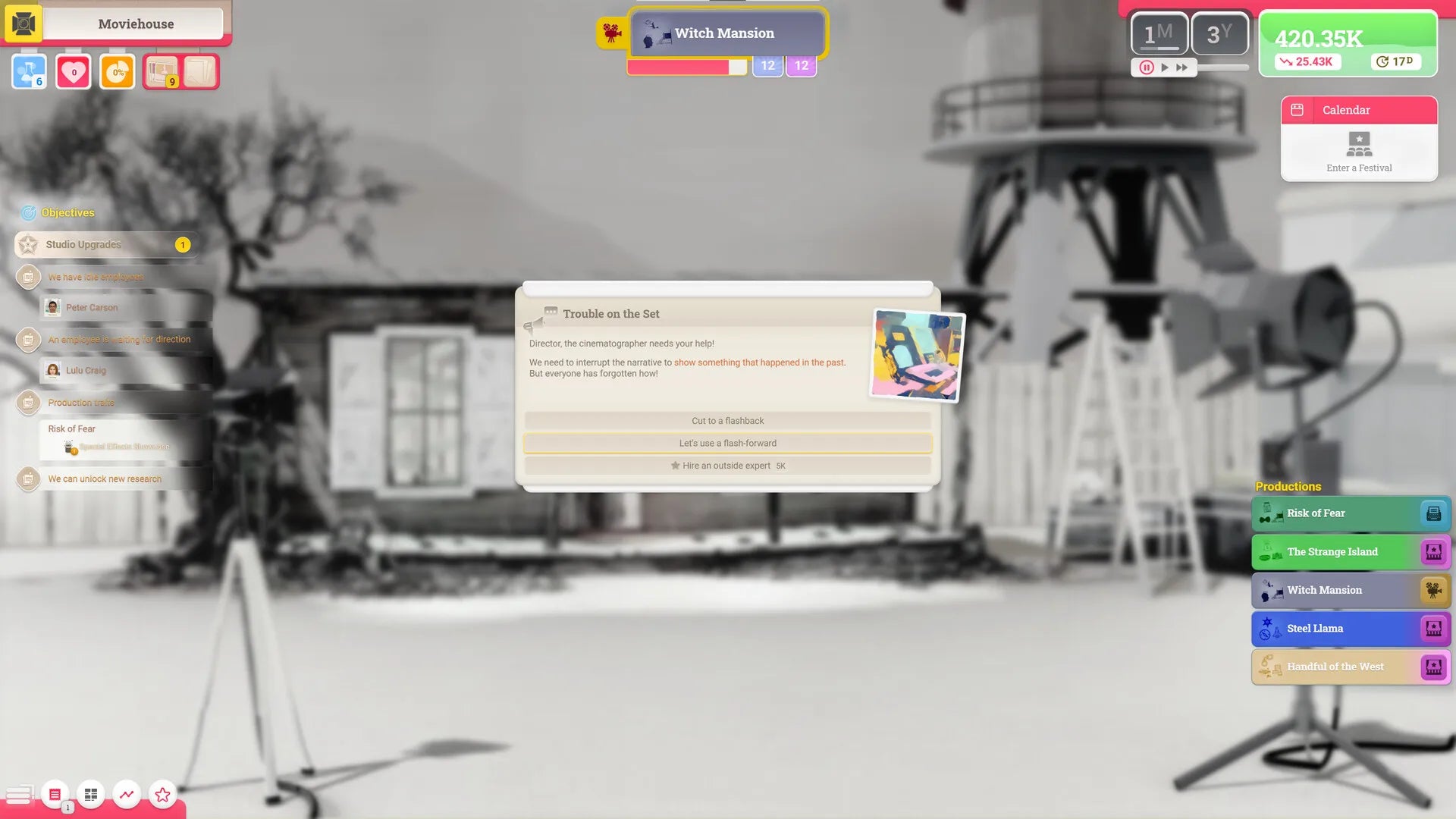Screenshot of a video game interface with a snowy landscape and building in the background.