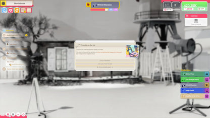 Screenshot of a video game interface with a snowy landscape and building in the background.