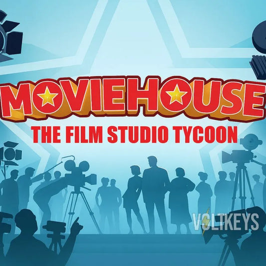Game title 'Moviehouse: The Film Studio Tycoon' with film studio elements on a blue background.