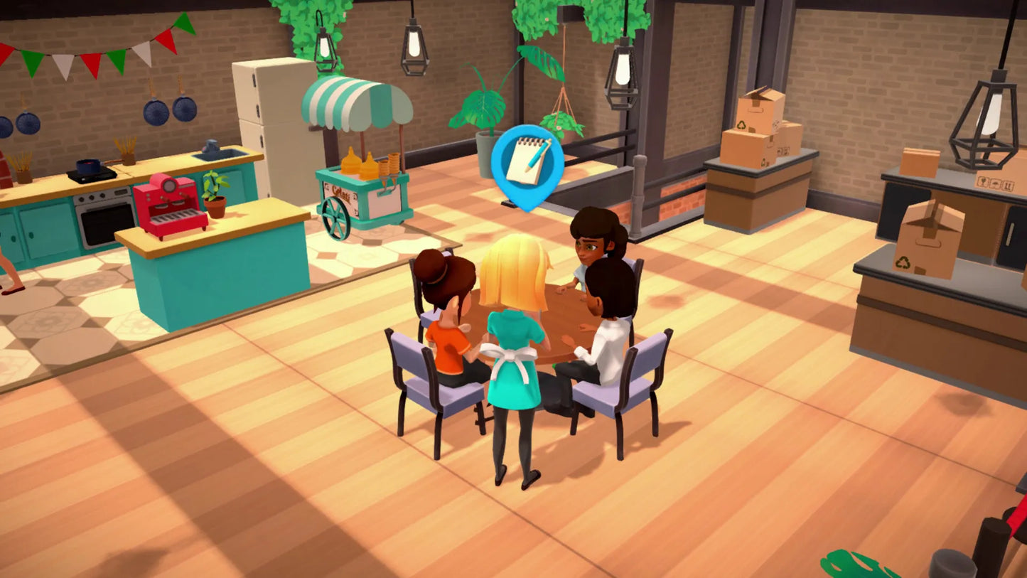 Three animated characters sitting at a table in a colorful room with various objects and furniture.